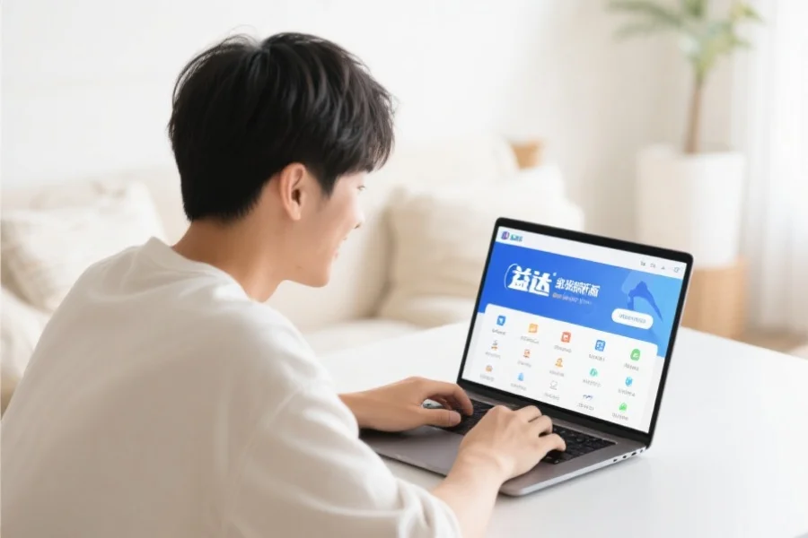 一位年轻用户在明亮舒适的室内环境中愉快地使用笔记本电脑，屏幕上展示益达客户端新版界面